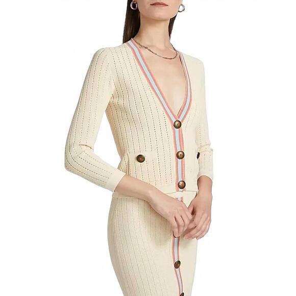 NEW L'AGENCE irvin pointelle cropped cardigan in ecru and blue